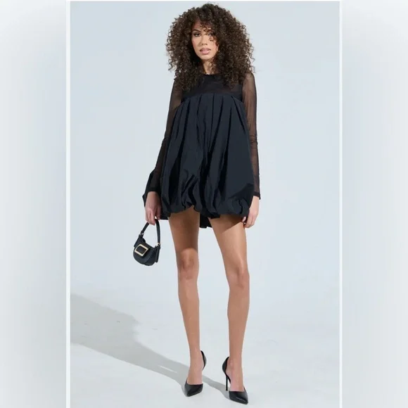NWT AKIRA Black Sheer Sleeve Mini bubble Dress - Picture 2 of 5